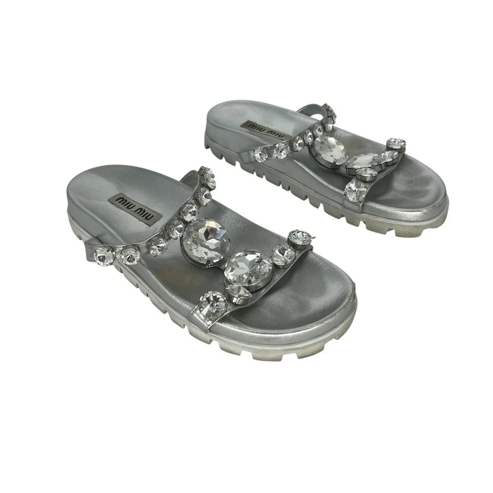 Miu Miu Argento Crystal Embellished Platform Slide Sandals Silver Size 39.5